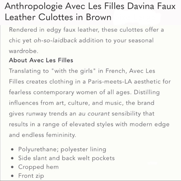 ANTHROPOLOGIE Avec Les Filles Davina Brown Faux Leather Culottes Wide Leg Size S - Picture 15 of 15